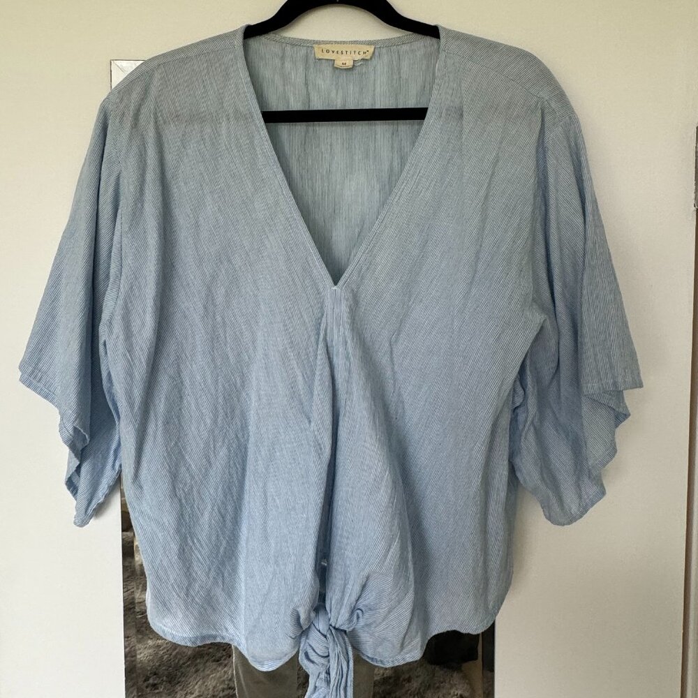 Lovestich - Baby Blue & White finely striped cotton blouse with front tie